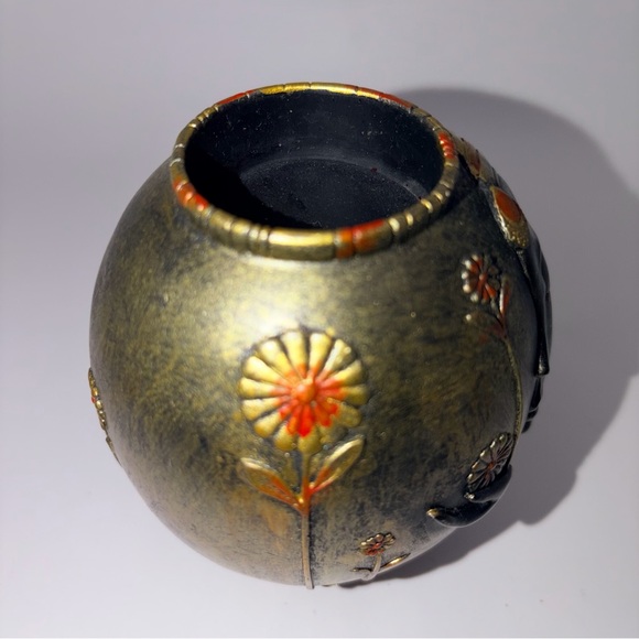 Art Pottery Face Vase | Art Nouveau Style | Gold Orange Floral Sculptural Decor - Picture 7 of 11